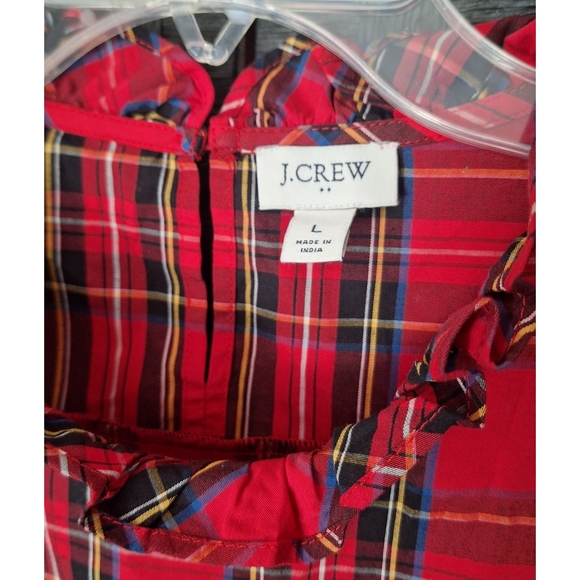 J. Crew | Women's Red Tartan Plaid Ruffle Neck Blouson Sleeve Top - Picture 10 of 16